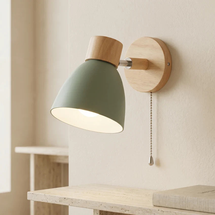 Nordic Wood Wall Sconce with Optional Pull Switch – Adjustable Metal Shade, 5 Colors