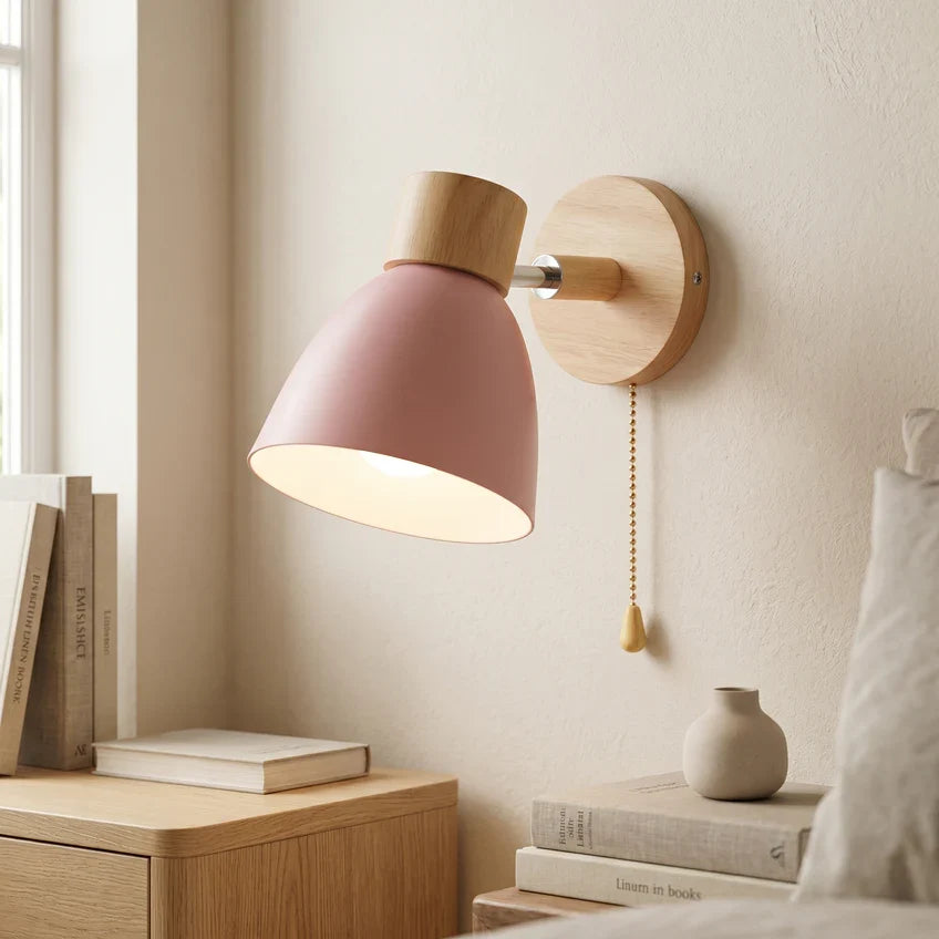 Nordic Wood Wall Sconce with Optional Pull Switch – Adjustable Metal Shade, 5 Colors