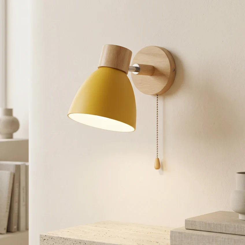 Nordic Wood Wall Sconce with Optional Pull Switch – Adjustable Metal Shade, 5 Colors