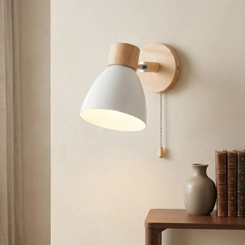 Nordic Wood Wall Sconce with Optional Pull Switch – Adjustable Metal Shade, 5 Colors