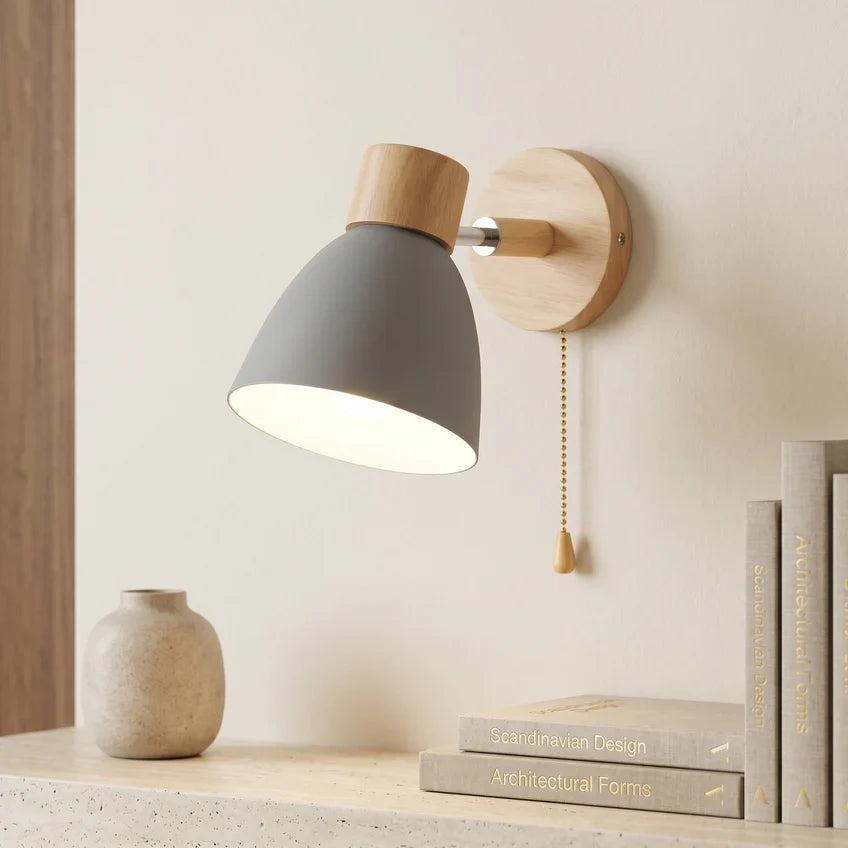 Nordic Wood Wall Sconce with Optional Pull Switch – Adjustable Metal Shade, 5 Colors