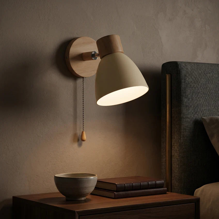 Nordic Wood Wall Sconce with Optional Pull Switch – Adjustable Metal Shade, 5 Colors