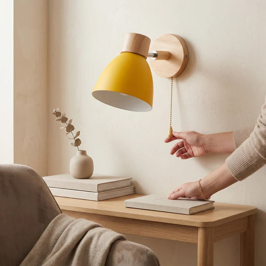 Nordic Wood Wall Sconce with Optional Pull Switch – Adjustable Metal Shade, 5 Colors