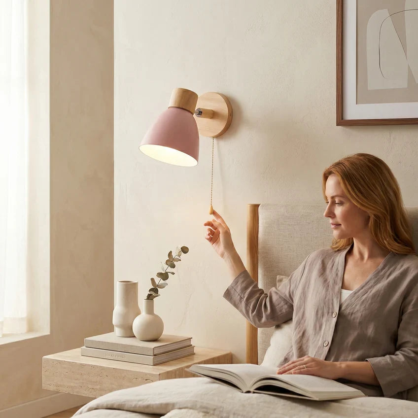Nordic Wood Wall Sconce with Optional Pull Switch – Adjustable Metal Shade, 5 Colors