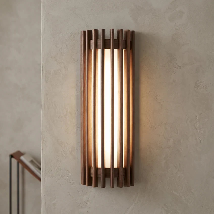 Walnut Wood Slat LED Wall Sconce – 3000K Warm White, Dimmable Option, Hardwired