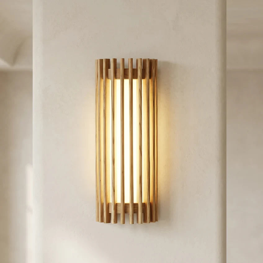 Walnut Wood Slat LED Wall Sconce – 3000K Warm White, Dimmable Option, Hardwired