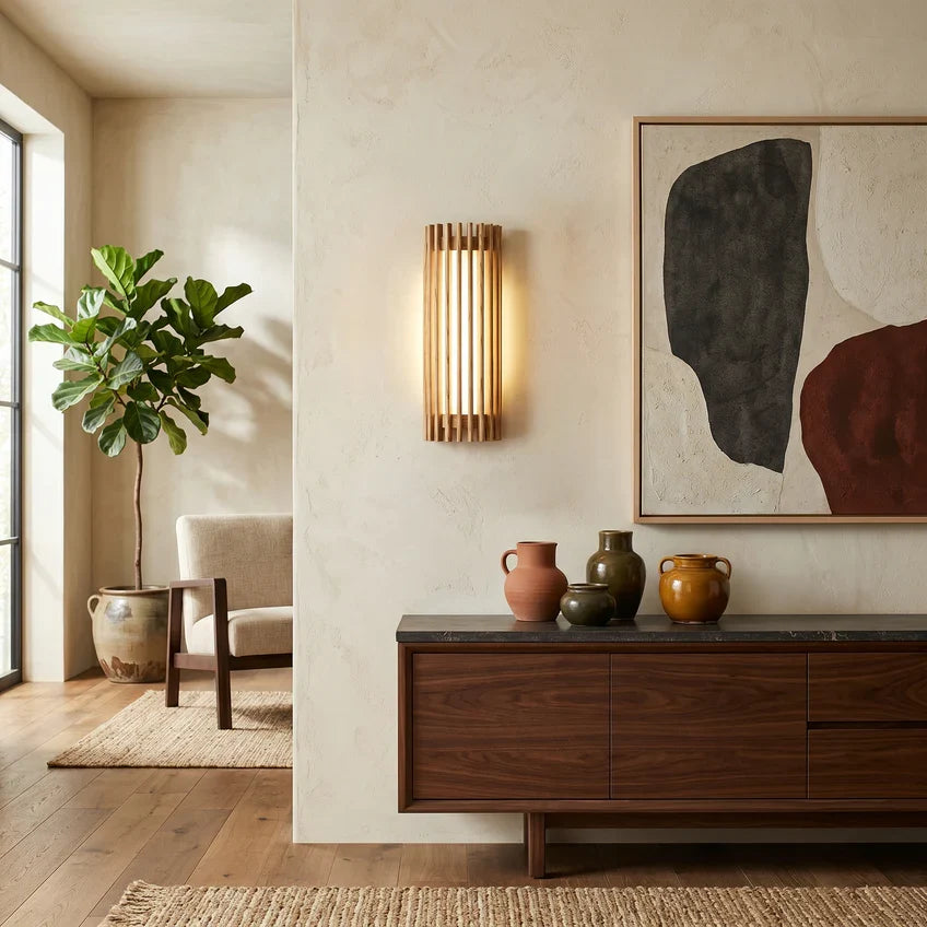Walnut Wood Slat LED Wall Sconce – 3000K Warm White, Dimmable Option, Hardwired