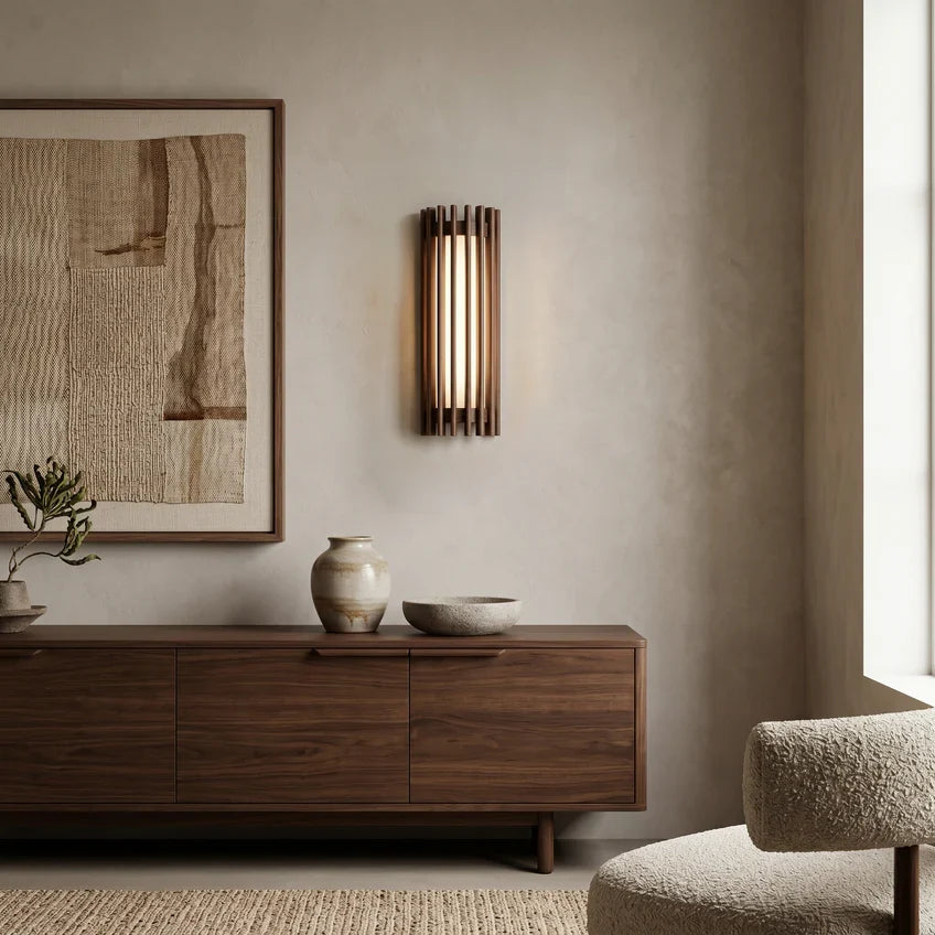 Walnut Wood Slat LED Wall Sconce – 3000K Warm White, Dimmable Option, Hardwired