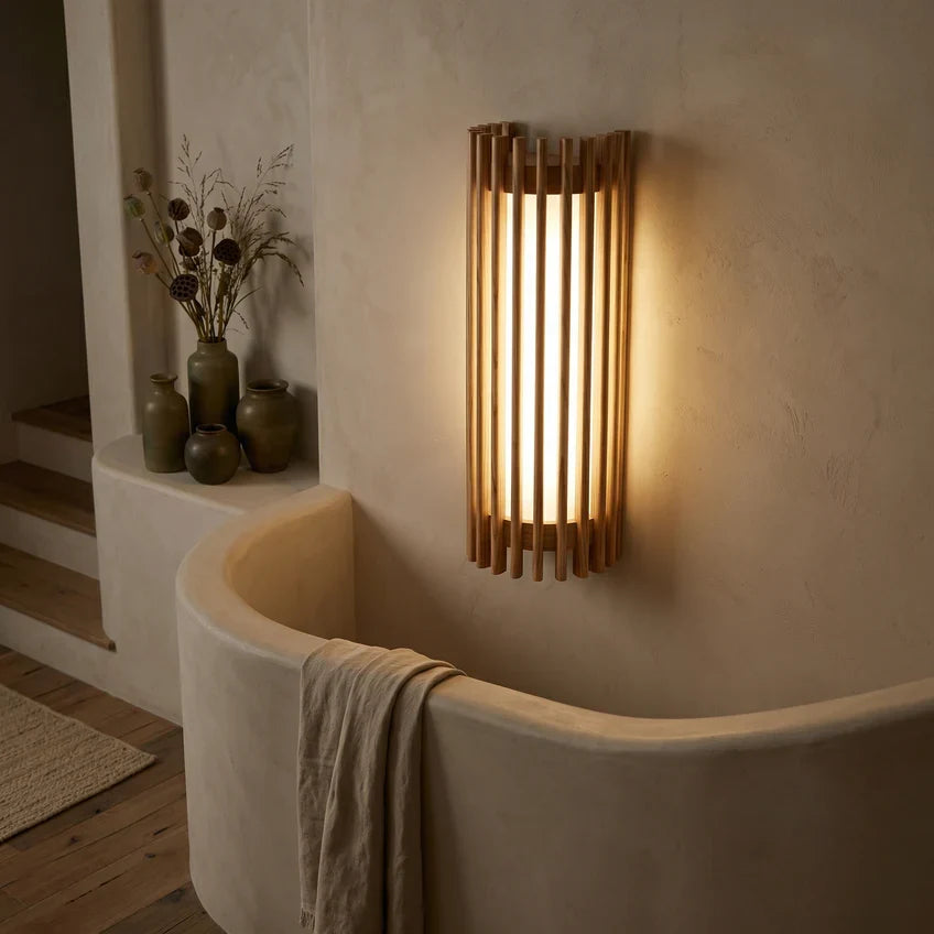 Walnut Wood Slat LED Wall Sconce – 3000K Warm White, Dimmable Option, Hardwired