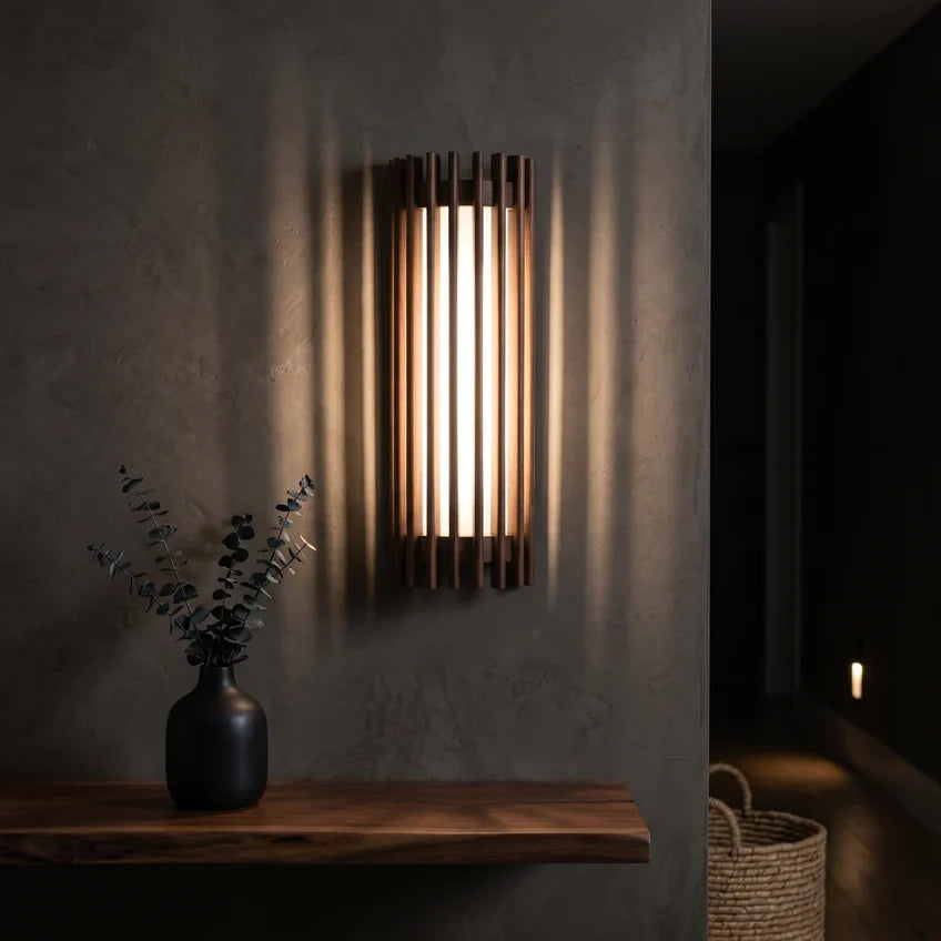Walnut Wood Slat LED Wall Sconce – 3000K Warm White, Dimmable Option, Hardwired
