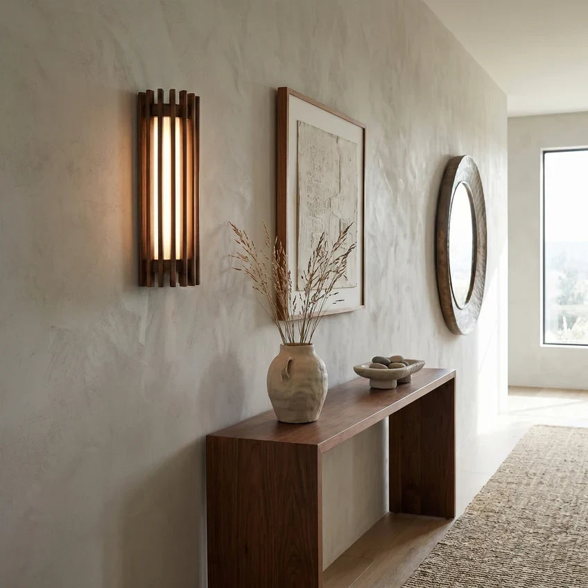Walnut Wood Slat LED Wall Sconce – 3000K Warm White, Dimmable Option, Hardwired