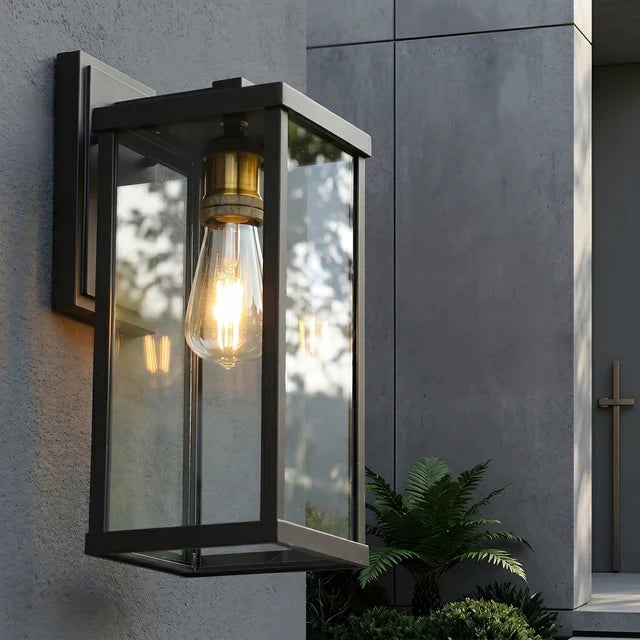 Farmhouse Outdoor Wall Sconce – Matte Black Aluminum & Clear Glass, IP65, E26, 2 Sizes