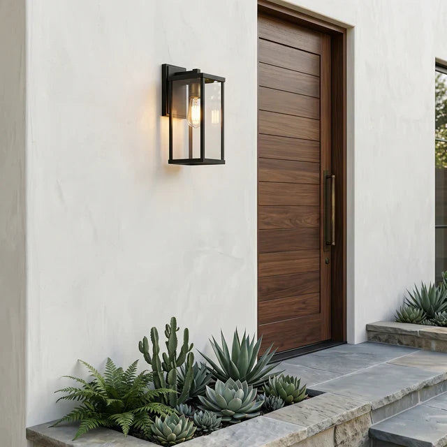 Farmhouse Outdoor Wall Sconce – Matte Black Aluminum & Clear Glass, IP65, E26, 2 Sizes