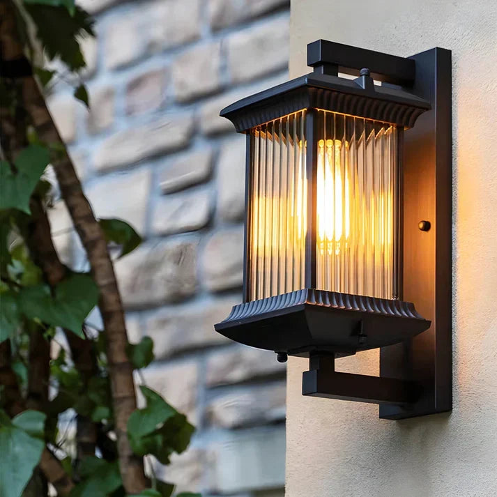 Coffee Brown Outdoor Lantern Wall Light – Fluted Glass, Aluminum & Iron, E27