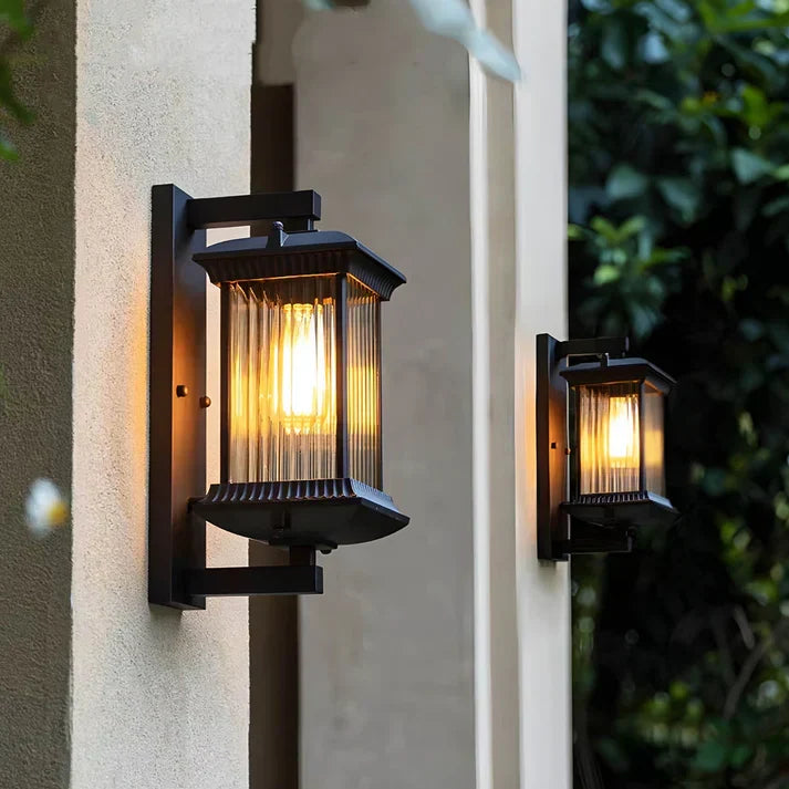 Coffee Brown Outdoor Lantern Wall Light – Fluted Glass, Aluminum & Iron, E27