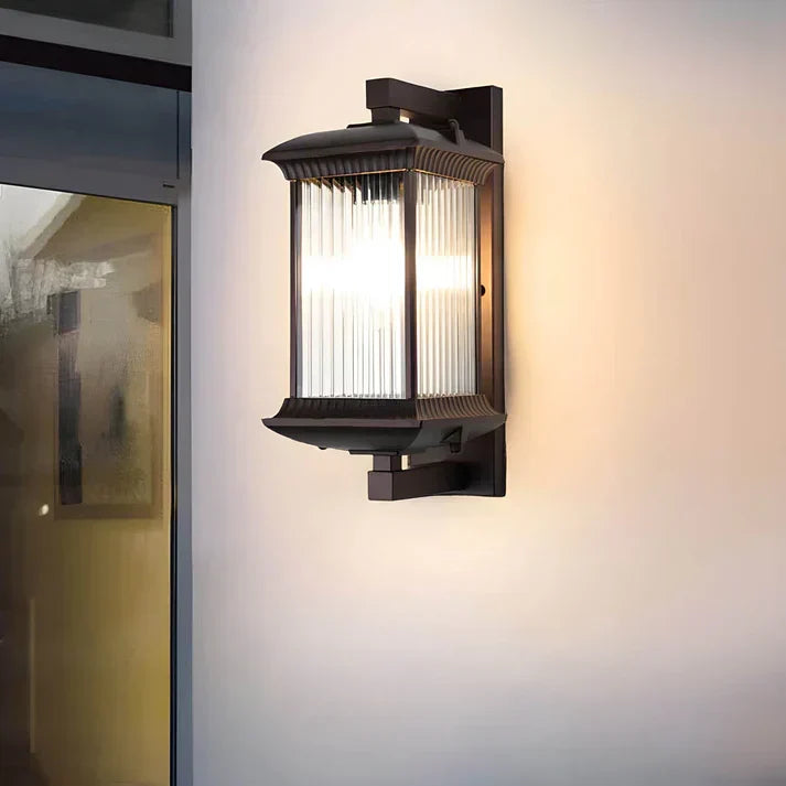Coffee Brown Outdoor Lantern Wall Light – Fluted Glass, Aluminum & Iron, E27