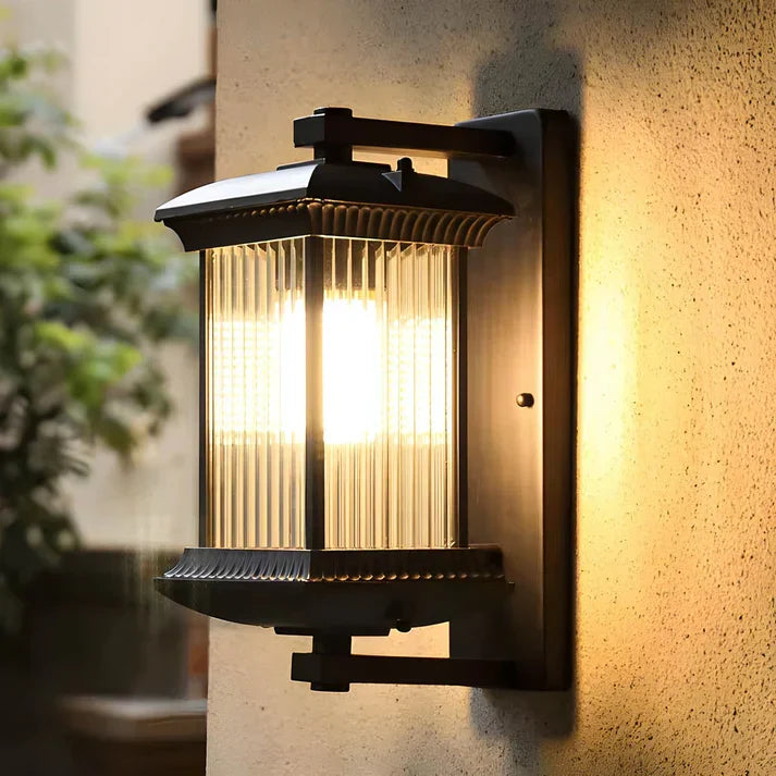 Coffee Brown Outdoor Lantern Wall Light – Fluted Glass, Aluminum & Iron, E27