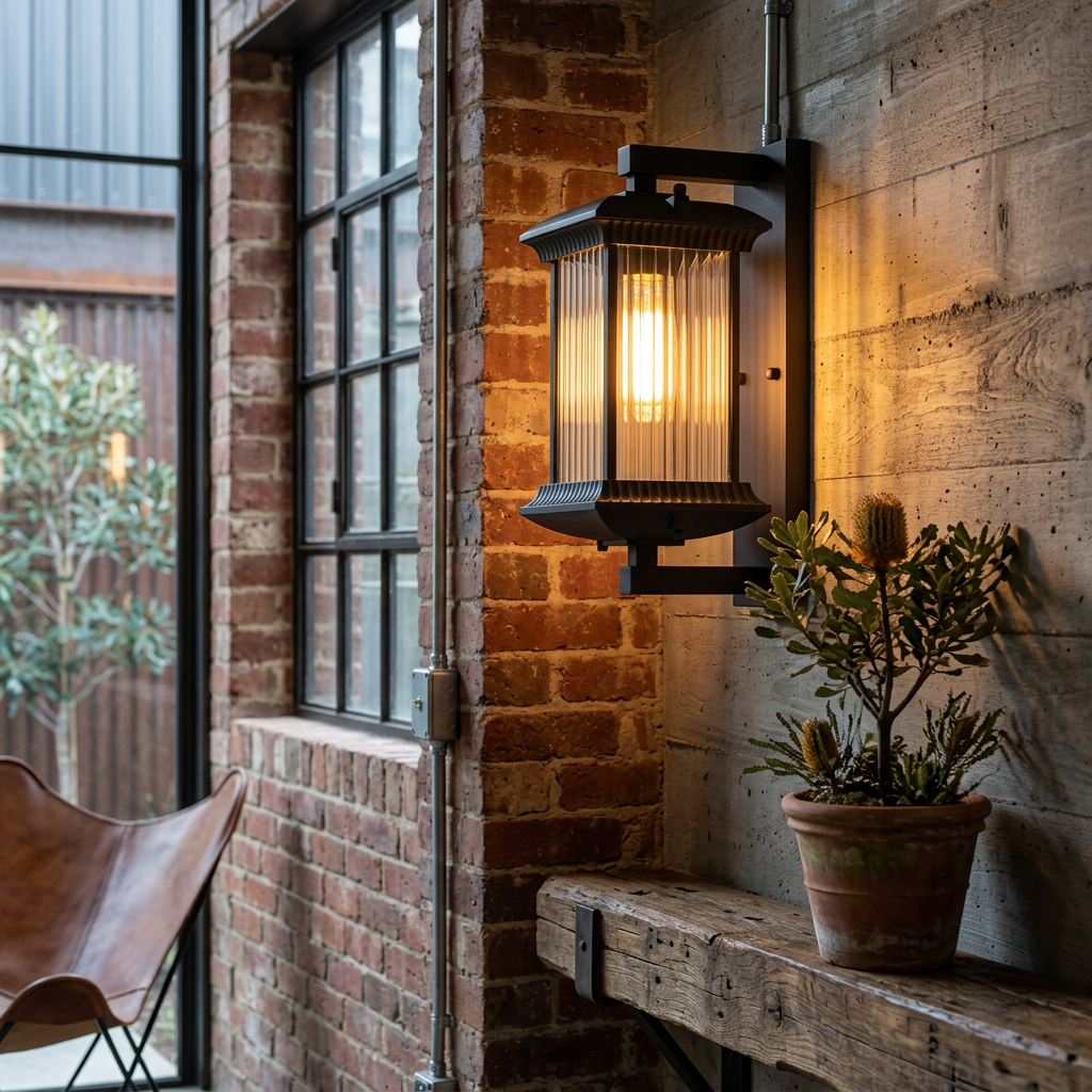 Coffee Brown Outdoor Lantern Wall Light – Fluted Glass, Aluminum & Iron, E27
