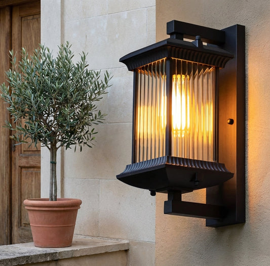 Coffee Brown Outdoor Lantern Wall Light – Fluted Glass, Aluminum & Iron, E27