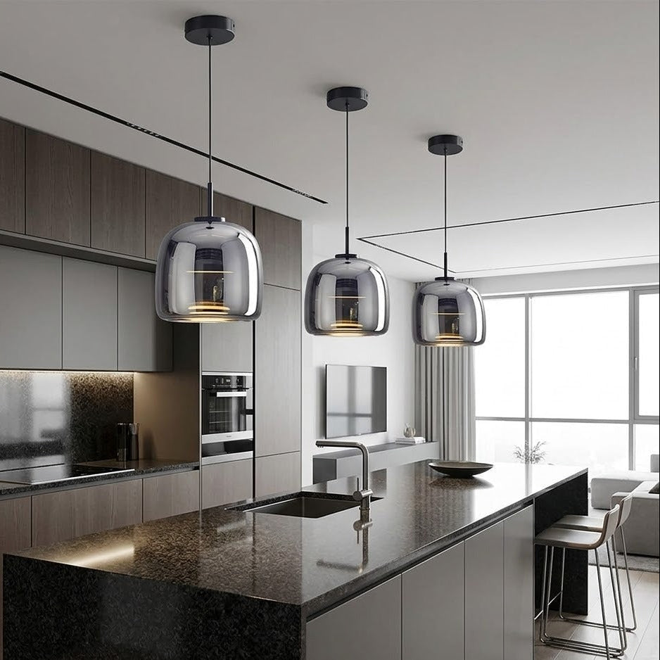 Smoked Glass Pendant Light – Dimmable LED, Amber or Gray Glass, 5 Sizes